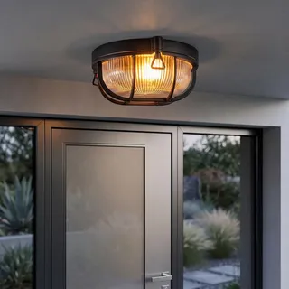 HOFSTEIN Außendeckenleuchte Godel, Außendeckenlampe aus Metall/Riffelglas in Schwarz/Klar, Deckenleuchte draussen im Industrial/Retro/Vintage-Design für Eingangsbereich, Balkon, Terrasse, E27, IP44