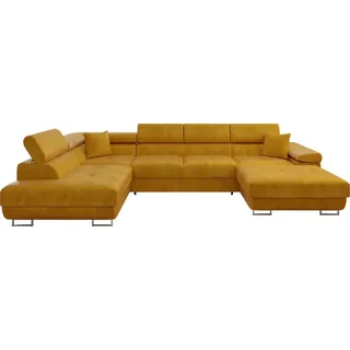MIRJAN24 Wohnlandschaft Torezio Bis, Stilvoll Eckcouch mit Bettkasten und Schlaffunktion, Einstellbare Kopfstützen, 346x203x70-90 cm (Farbe: Wave ... - Gelb