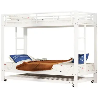 REDOM Etagenbett mit Ausziehbett, hohes Geländer, stabiler Eisenrahmen (Kinderbett Metallbett, 90x200cm), ohne Matratze weiß