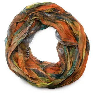 styleBREAKER Damen Loopschal Feder Muster Batik Style | leichter Schlauchschal mit Crash Crinkle Optik | weiches Halstuch für Frühling und Sommer, Farbe:Orange - Einheitsgröße
