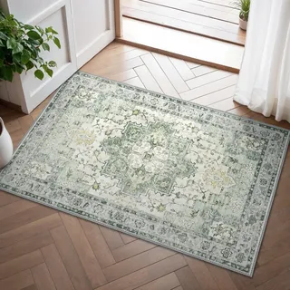 GENIMO Teppich Klein 60x90cm, Vintage Fußmatte Innen, Waschbare Teppiche, Boho Teppich, Klein Carpet mit Rutschfester Rückseite für Eingang, Flur und Korridor, Grün