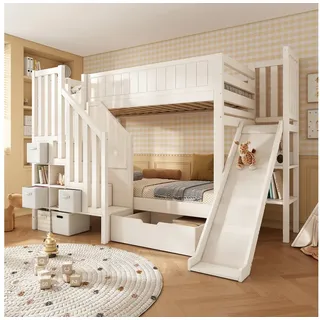 Flieks Etagenbett, Kinderbett Massivholz 90x200cm mit Schublade Rutsche Stauraumtreppe weiß