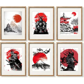 YUMKNOW Japanische Kunst Wanddekoration – ungerahmt 20.3x25.4 cm, 6 Stück, Samurai Rüstung Krieger Drucke Poster für Schlafzimmer, Japan Rot Weiß Kunst Büro Geschenke