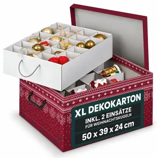 Kreher XL Deko-Karton Rot Schneeflocken Einsätze für 40 Weihnachtskugeln | Weihnachtlicher Geschenkkarton aus stabiler Pappe mit Kunststoffgriffen und festlichem Design, schnell zu montieren