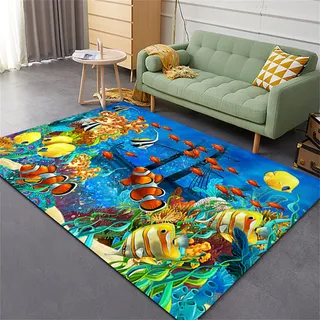 3D Unterwasserwelt Wohnzimmer Schlafzimmer Teppich Blau Schildkröten Beige Strand Seestern Meerestiere Bedruckte Kinder Teppich Spielteppich Teppich Läufer Küche Bodenmatte (Farbe 2,120x160 cm)