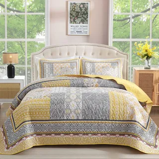 WONGS Bedding Gelbes Steppdecken-Set für King-Size-Bett, Bohemian-Patchwork-Tagesdecke, Überwurf-Set, wendbar, Boho-Blumenmuster, Tagesdecken, Bettwäsche-Set für alle Jahreszeiten (264,2 x 228,6 cm)