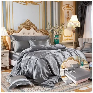 DEBAIJIA Bettdecke, Kopfkissen + Topper Satin Seide Bedding 4 teilig Bettwäsche Set Bettbezug Atmungsaktiv grau 180 cm