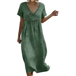 Maxikleid Damen Sommer Elegant Boho Sommerkleid Loose Kurzarm Maxikleider Baumwolle Leinen Freizeitkleid Leicht Und Luftig Sommerkleider Blusenkleid Strandkleid A-Linie Hohe Taille Leinenkleider - M