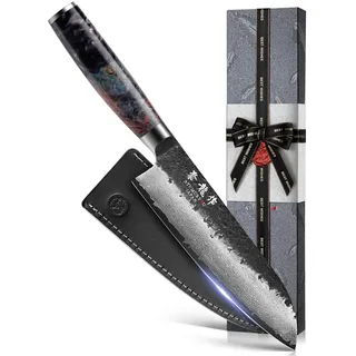 Atumuryou Japanisches Santokumesser 18CM, Damast Kochmesser aus VG10-Stahl, Handgeschmiedet aus 67 Schichten Damaststahl, Profi Küchenmesser mit Ergonomischem Griff und Echtleder-Messerscheide