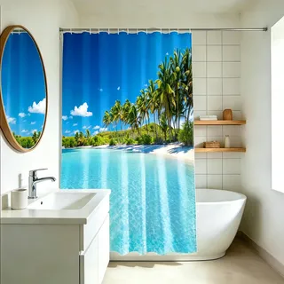 YISURE Duschvorhang badewanne 200x220 Ozean Strand Meer Palmen | Badvorhang Duschvorhang aus Polyester Textil Schimmelresistent waschbar mit 12 Metallösen, Breite 200 x Höhe 220cm