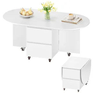 Yaheetech Ausziehbarer Couchtisch mit Rollen, Schubladen und Stauraum | Klappbarer Wohnzimmertisch Beistelltisch Couch Ovaler Sofatisch für Kleine Räume, Büro & Studios, Weiß