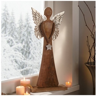 Dekoleidenschaft Engelfigur "Silver Star" aus Mangoholz & Metall 62 cm hoch, große Dekofigur Engel, Weihnachtsdeko aus Holz, Engelsfigur, Weihnachtsfigur, Dekoengel beige
