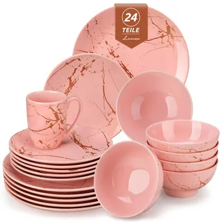 LOVECASA Daphne Porzellan Geschirrset 24-teilig für 6 Personen, Rosa mit Gold Marmor Design, Tafelservice Set mit Essteller, Dessertteller, Schüssel und Tassen