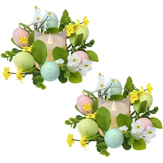 Skeadex Osterkranz Tisch,2 Stück Ostern Kerzenkranz für Stabkerzen Künstliche Ostern Kerzenkranz Klein Ostereier Osterkranz Kerzen Osterkranz Frühlingskranz Ostern Deko Kerzenring (2pcs AA)