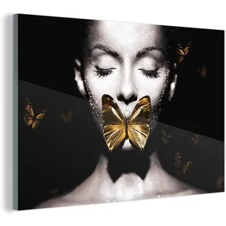 Famanu Glasbild Wanddekoration - Elegante schwarze und weiße Schmetterlinge - 120x80 cm