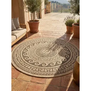 KADIMA DESIGN Outdoorteppich KAUNS Wetterfest UV-Beständig Balkon Waschbar Vintage, Rund, Höhe: 3 mm, Schwarz, 120x120 cm, Strapazierfähig Balkonteppich Waschbar beige|schwarz 120 cm x 120 cm x 3 mm