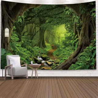 Mesnt Wandteppich Wald, Wandtuch Baum Grün Psychedelisch Dschungel Weichen Stoff Wohnzimmer Schlafzimmer Teppich Picknickdecke Wanddeko (240x220cm)