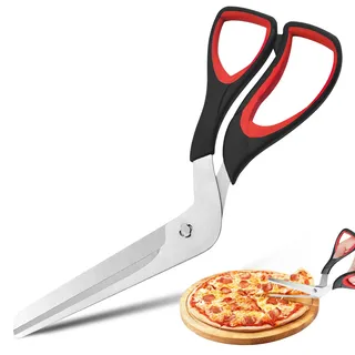 Pizzaschere, Pizzaschere mit scharfer Edelstahlklinge - Ergonomische Küchenschere für präzises Schneiden von Pizza und mehr - Multifunktionale Pizzaschneider, 27 cm, schwarz/rot