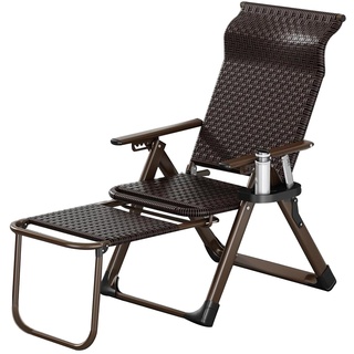 GOGUANG Klappbarer Liegestuhl, 6-Fach Verstellbare Sonnenliege Balkon-Loungesessel mit Rattansitz, Einziehbare Fußstütze, Outdoor-Relax-Liegestuhl Büro-Siesta-Stuhl(Color:Schwarz)
