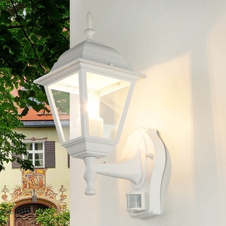 Licht-Erlebnisse Außenleuchte mit Bewegungsmelder Aluminium Glas Weiß IP44 Haustür Eingang H:37,5 cm E27 witterungsfeste Außenwandlampe Garten TIROL
