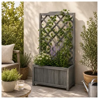 Pflanzkasten mit Rankgitter aus Holz Grau Blumenkasten für Terrasse und Balkon B
