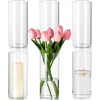 Hewory Glasvase Zylinder Vasen Set: 20cm Hohe Vase Glas 6er Glasvasen für Tischdeko Hochzeit - Kerzengläser Windlicht Glas Zylindervasen Set Glaszylinder für Kerzen Hochzeitsdeko Party Home Wedding