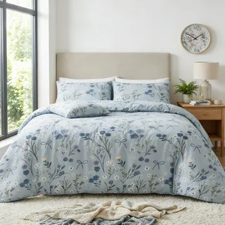 Bettwäsche 220x240 Blau Blumen Schleifen Bettbezug und 2 Kissenbezug 80x80 | Bettwäsche Set, Blümchen, Blau Blumen Vintage, Geblümt Botanisch, Pflanzenmuster, Aesthetic, Microfaser, Reißverschluss