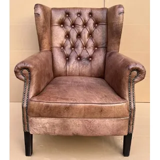 Casa Padrino Luxus Echtleder Chesterfield Ohrensessel Vintage Braun / Schwarz Wohnzimmer Sessel Leder