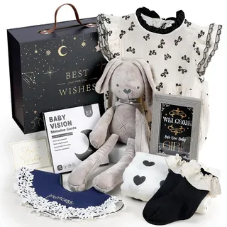Baby Geschenk Mädchen, Neugeborenen Geschenk Set Babygeschenke zur Geburt Mädchen, Baby Strampler Musselin Decke Hase Kuscheltier Lätzchen Socken Fotorahmen in Geschenkbox, Babyparty Geschenk