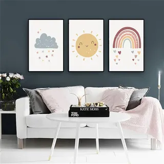 Jssevn – 3er-poster-set, Kinderzimmer-deko-poster, Mädchenzimmer-deko-bild, Regenbogenwolken-sonne-poster (ungerahmt), 30 X 21 Cm