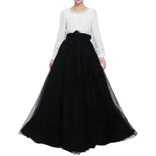 Langer Maxi-Tüll-Rock für Damen, bodenlang, A-Linie, Gürtel mit Schleife, hohe Taille, für Hochzeit, Party, Ausgehabend, personalisierbar - Schwarz - 36/48 DE/ M - M