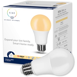 tint Smarte LED-Birne E27 – Steuerbar per Alexa oder Fernbedienung – Dimmbare E27 Glühbirne mit warmweißem Licht (2700 K), 9 W