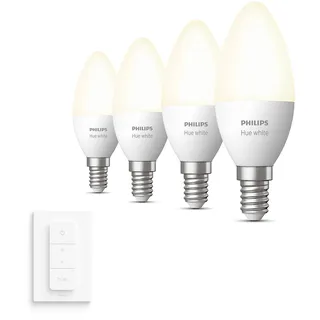 Philips Hue Vorteilspaket - E14 - mit 4 Kerzen LED Lampen - Warmweißes Licht - inkl. 1 Hue Dimmschalter - Hue White
