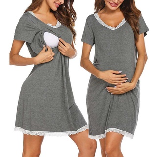 ZWY Sleepshirt Still Nachthemd Damen Geburtskleid Umstandsnachthemd Lang Nachthemd grau