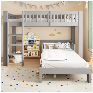 i@home Etagenbett Kinderbett Massivholz umbaubar, Hochbett L-Eck-Kombination (2-St., Rausfallschutz, abgerundete Kanten, Lattenroste inkl), Einzelbett frei kombinierbar, für Geschwisterzimmer 90x200 cm grau