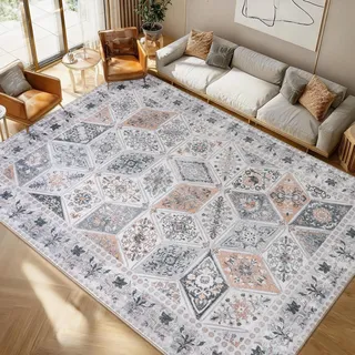 Calinline Beige Großer Kurzflor Waschbarer Schlafzimmer Teppich, 200x230 cm | Vintage Teppich Wohnzimmer, Rutschfester Perserteppich Teppiche, Wohnzimmerteppich für Esszimmer Büro Küche Läufer