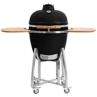 BBQ-Toro Kamado Grill Holzkohlegrill "KURO" Ø 52 cm | Schwarz | Holzkohlegrill mit Bambusablage, Thermometer, Holzgriffen, Rollen | Keramikgrill rund, Ceramic Grill Ei, Grillofen, Kamado mit Ablage