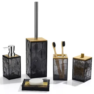 GAHEFY Badezimmer-Zubehör-Set, Zahnbürstenhalter, Seifenspender, Wattestäbchen-Halter, Seifenschale, WC-Bürste mit Halter, schwarzer Bambus-Badezimmer-Dekor, Acryl