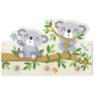 Bilderdepot24 Garderobenpaneel grau Tiere Bär Dschungel Wald Koala Set (Kindergarderobe holz Kleiderhaken für die Wand inkl. Montagematerial), moderne Wand Garderobenleiste Flur - kleine Hakenleiste Kinderzimmer grau