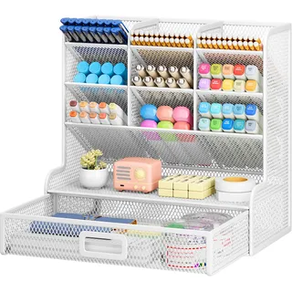 VITVITI Schreibtisch Organizer, 9 Fächer Stiftehalter mit Schublade, Netz Stifte Regal aus Metall, Stiftehalter Schreibtisch für Schule Heim Büro (Weiß)