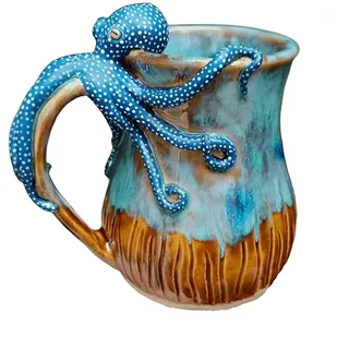 PAEFIU Oktopus-Becher, 3D Lenticular Oktopus Kaffeetasse, Tier Harztassen, Trinkbecher Mit Meeresbewohnern, für Heimdekoration Und Meeresliebhaber Tiefblaue Artisan-Tasse