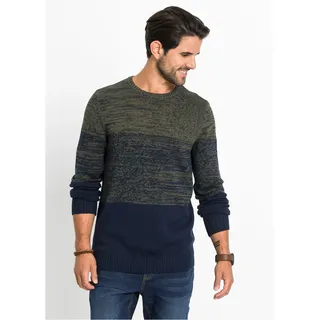 Strickpullover BONPRIX "Feinstrickpullover mit Komfortschnitt und Baumwolle", Herren, Gr. 64 (3XL), grün (dunkeloliv dunkelblau quer gestreift), Strick, Obermaterial: 50% Baumwolle, 50% Polyacryl, meliert, regular fit Po-bedeckend, Rundhals, Strickbündchen, Pullover Strickpullover, bequeme Form mit Rundhalsausschnitt, Regular fit, Colourblocking