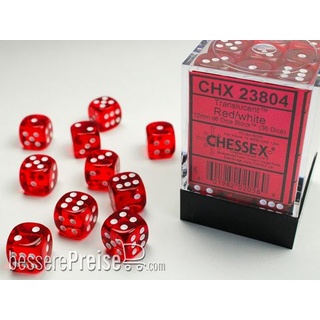 Chessex Würfel CHX23804 - Red w/white Translucent 12mm d6 with pips Dice Blocks&#153 (36 Dice)