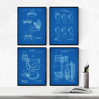 BLAU - Nacnic Badezimmer Patent Poster 4er-Set. Vintage Stil Wanddekoration Abbildung von Toiletten, Klopapier und Alte Erfindungen. Verschiedene geometrische Klempnerei Bilder ohne Rahmen. Größe A4.