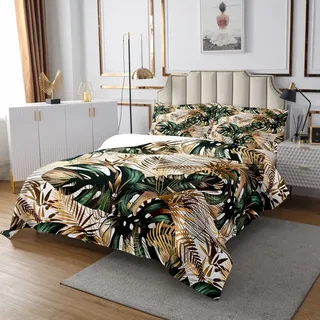 Sunnybed Gold Palmenblatt Tagesdecke Tropical Botanical Aquarell Retro Pflanzen Set 220x240 Für Kinder Teens Männer Frauen Dschungel Natur Thema Dunkelgrün Mit 2 Kissenbezüge, Multi 20