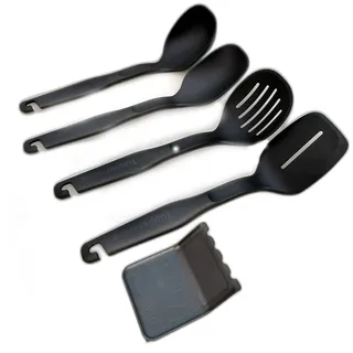 Tupperware Griffbereit SET (5) Kochlöffel/Rührlöffel + Schöpflöffel + Schaumlöffel + Pfannenwender + Halter schwarz