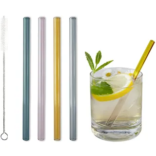 BarBaydos Glas Strohhalm - wiederverwendbar + spülmaschinenfest, Set: 4 Stück gerade Glasstrohhalme 15 cm bunt inkl. 1 Reinigungsbürste, nachhaltige Glastrinkhalme, farbiges Glas