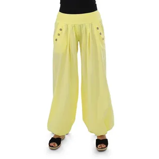 malito more than fashion Haremshose malito Damen Pumphose mit Holzzierknöpfen 23245H Pumphose Sommerhose locker und luftig Einheitsgröße gelb