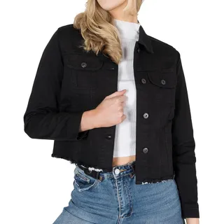 NOROZE Damen Jeansjacke Selbststoff Distressed Hem Casual Ripped Jeans Mantel (38, Schwarz) - 36