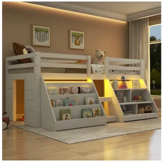 Flieks Hochbett Kinderbett Halbhochbett Holzbett 90x200cm mit 2 Stauraumregal und LED weiß